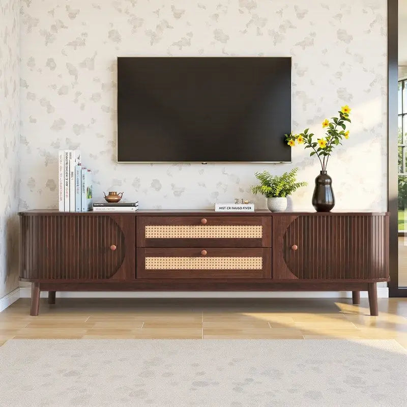Meuble TV en rotin pour téléviseurs jusqu'à 75 pouces, meuble console de divertissement avec pieds en bois massif