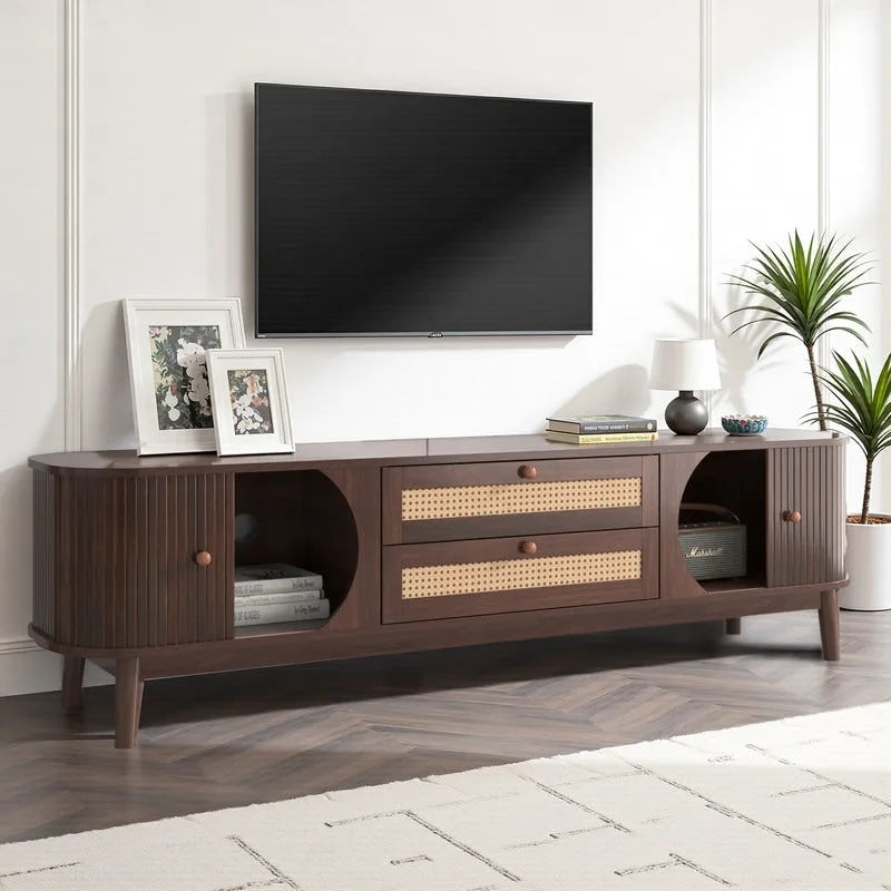 Meuble TV en rotin pour téléviseurs jusqu'à 75 pouces, meuble console de divertissement avec pieds en bois massif