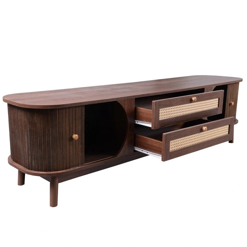 Meuble TV en rotin pour téléviseurs jusqu'à 75 pouces, meuble console de divertissement avec pieds en bois massif
