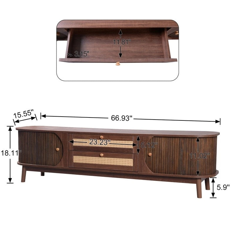 Meuble TV en rotin pour téléviseurs jusqu'à 75 pouces, meuble console de divertissement avec pieds en bois massif