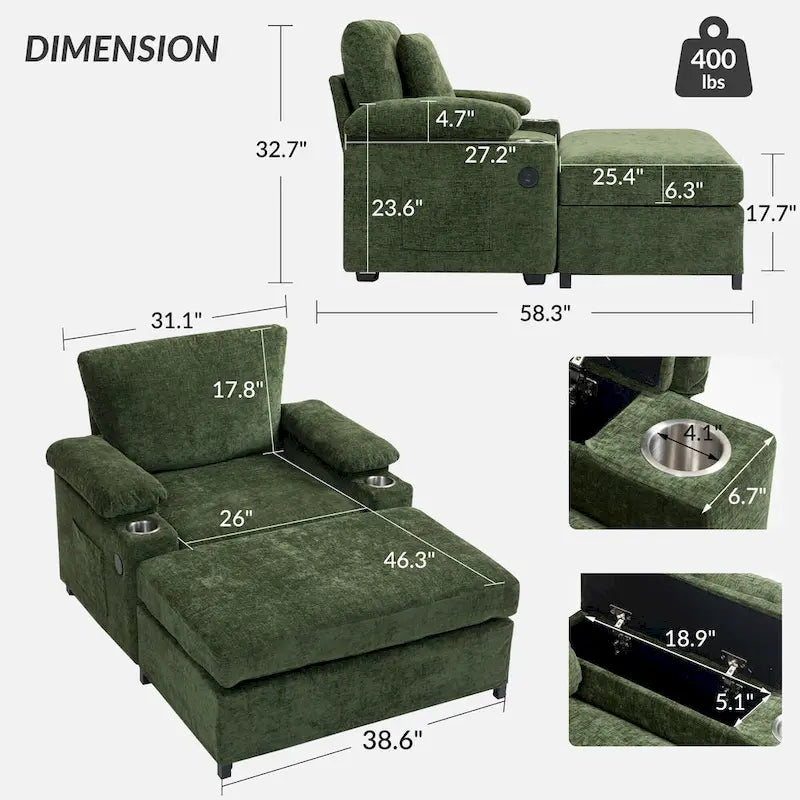 Fauteuil surdimensionné en chenille avec pouf et port USB