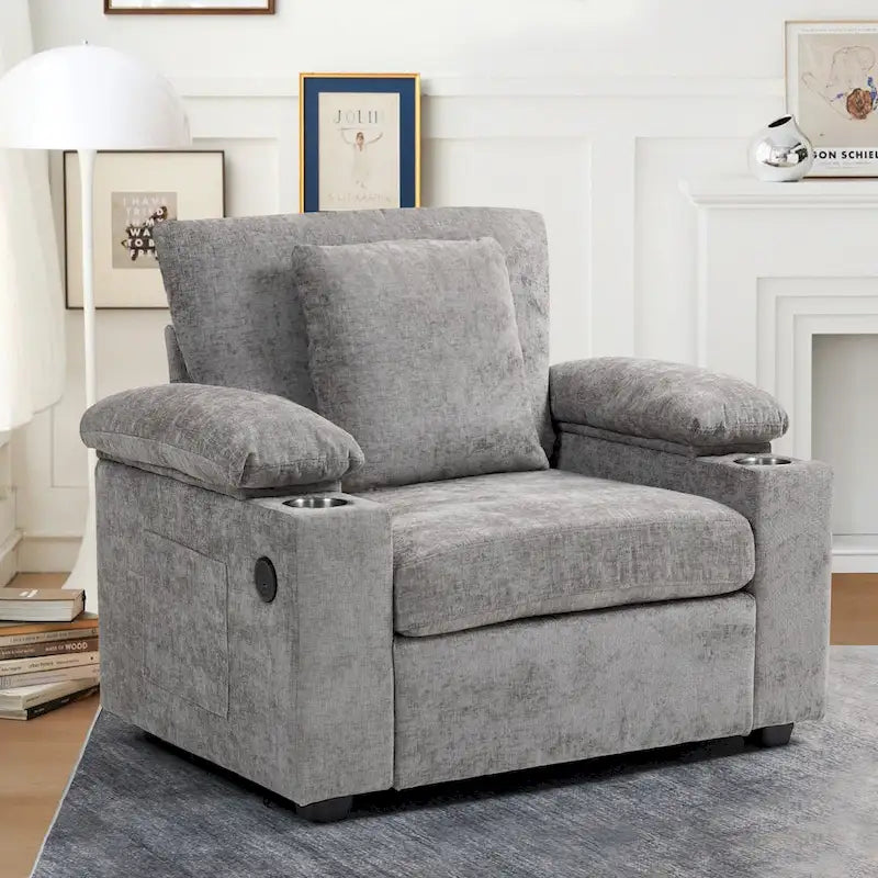 Fauteuil surdimensionné en chenille avec pouf et port USB