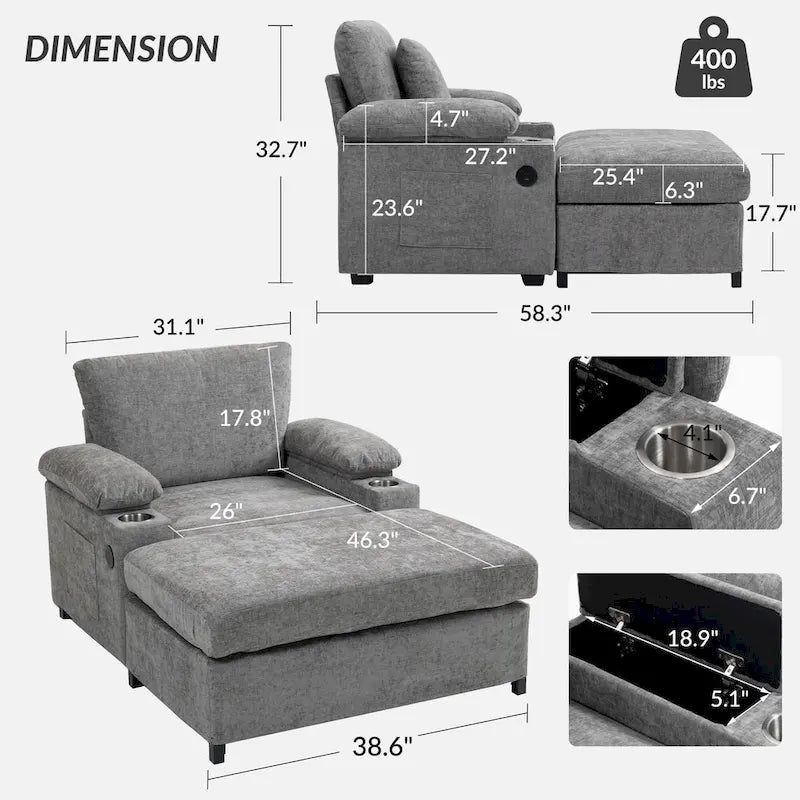 Fauteuil surdimensionné en chenille avec pouf et port USB