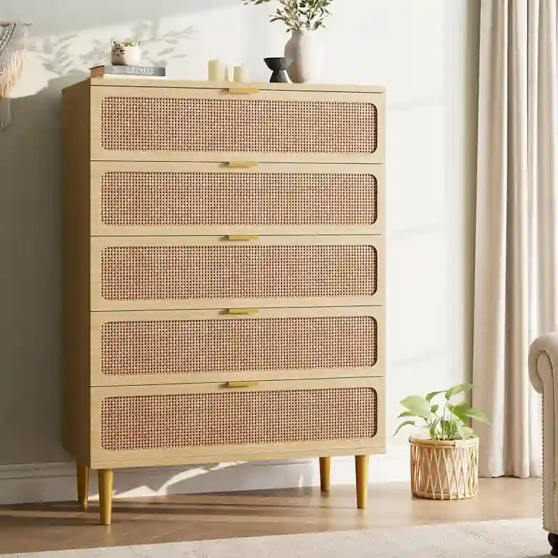 Commodes à 5 tiroirs en rotin pour chambre à coucher, couloir