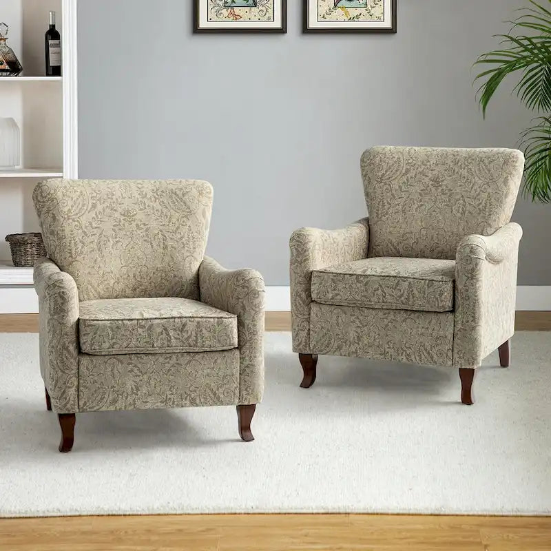Fauteuils club rembourrés avec motif floral moderne, vendus par lot de deux.