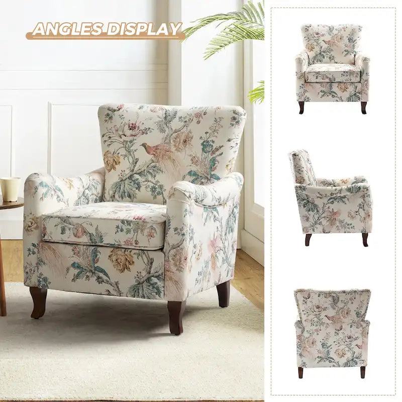 Fauteuils club rembourrés avec motif floral moderne, vendus par lot de deux.