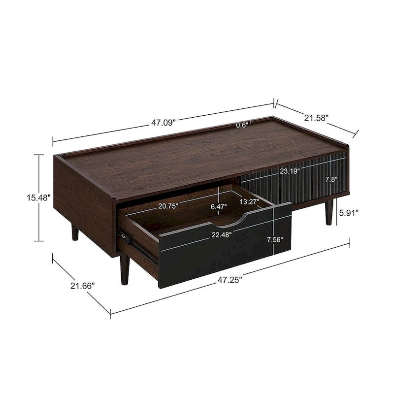 Table basse moderne nervurée avec tiroirs et étagères