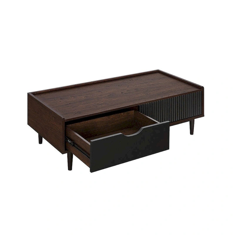 Table basse moderne nervurée avec tiroirs et étagères