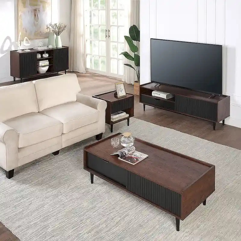 Table basse moderne nervurée avec tiroirs et étagères