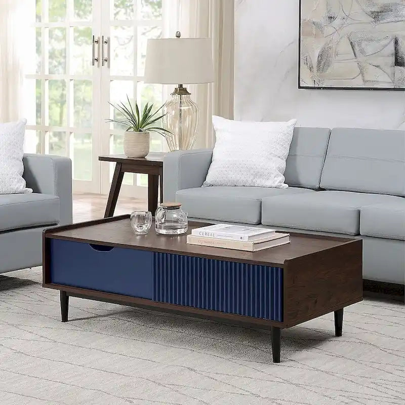 Table basse moderne nervurée avec tiroirs et étagères