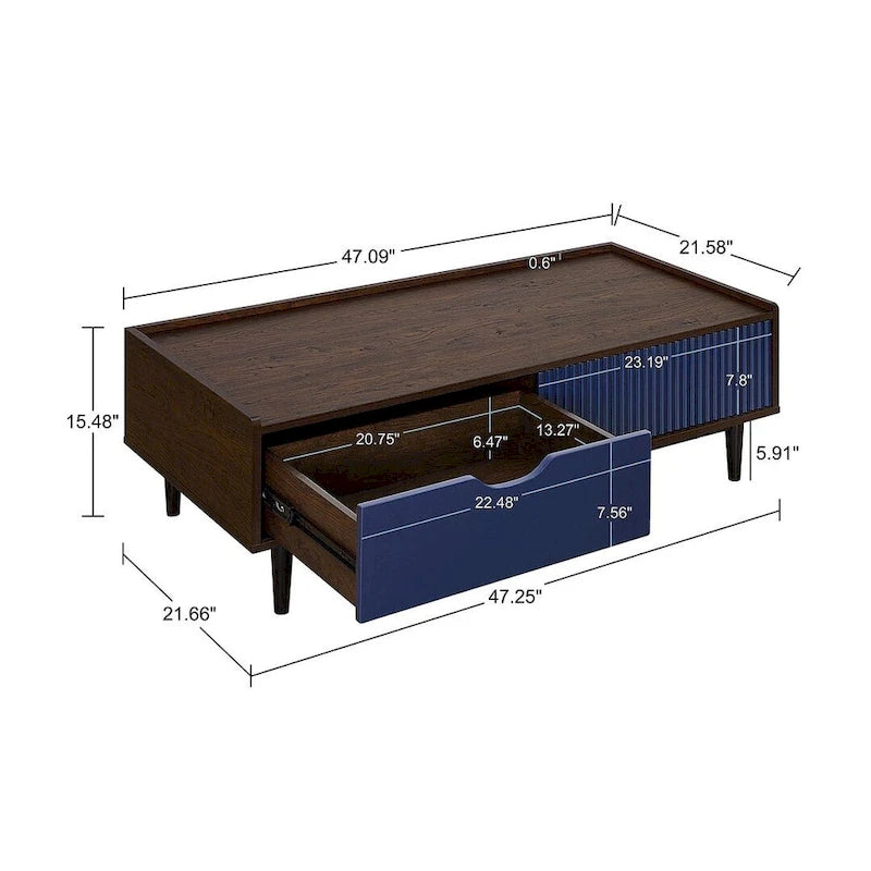 Table basse moderne nervurée avec tiroirs et étagères