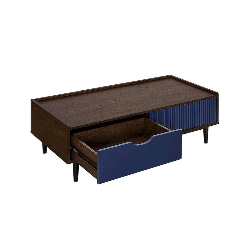 Table basse moderne nervurée avec tiroirs et étagères