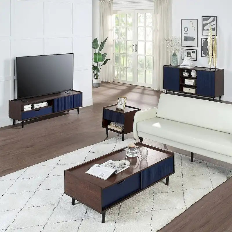 Table basse moderne nervurée avec tiroirs et étagères
