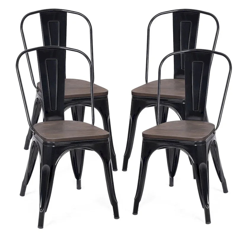 Lot de 4 chaises de salle à manger/bistrot empilables, structure métallique et assise en bois - Voir descriptions