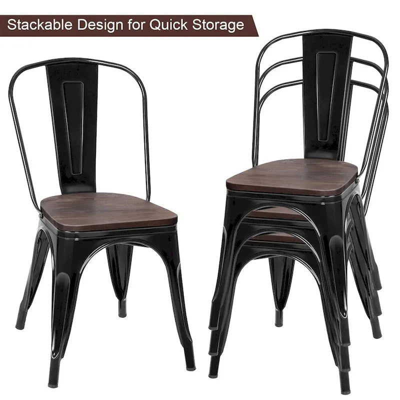 Lot de 4 chaises de salle à manger/bistrot empilables, structure métallique et assise en bois - Voir descriptions