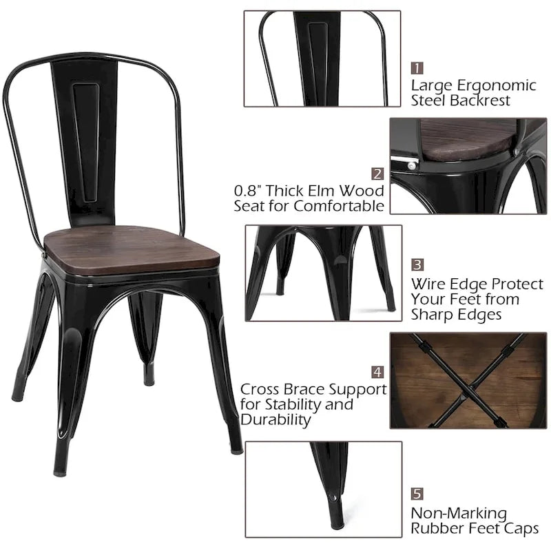 Lot de 4 chaises de salle à manger/bistrot empilables, structure métallique et assise en bois - Voir descriptions