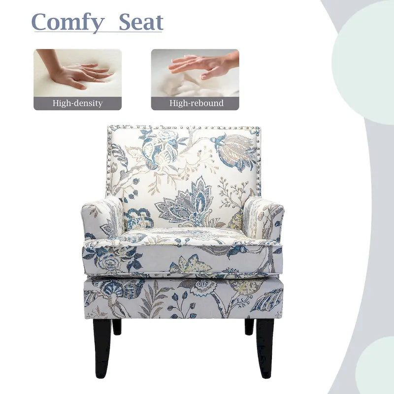 Fauteuil de style campagne française, orné de rivets et de pieds en bois massif.
