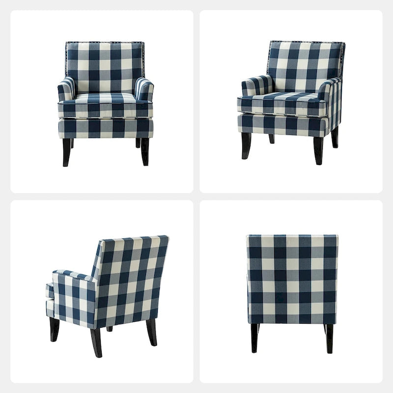 Fauteuil de style campagne française, orné de rivets et de pieds en bois massif.