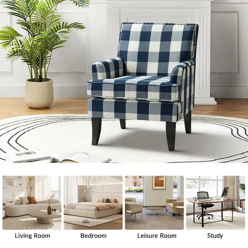 Fauteuil de style campagne française, orné de rivets et de pieds en bois massif.
