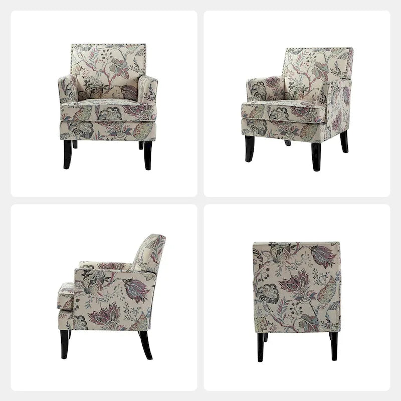 Fauteuil de style campagne française, orné de rivets et de pieds en bois massif.