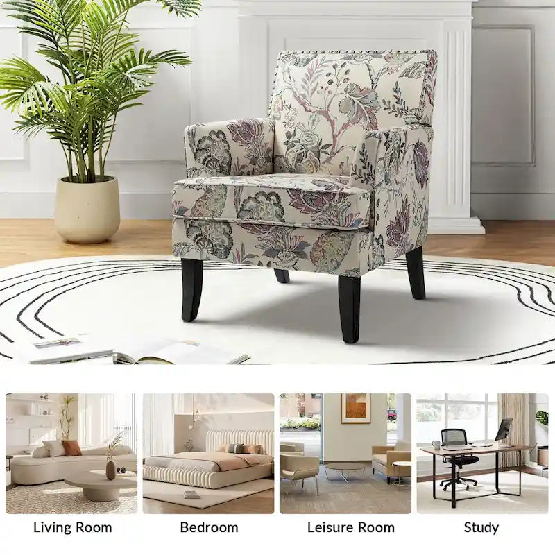 Fauteuil de style campagne française, orné de rivets et de pieds en bois massif.