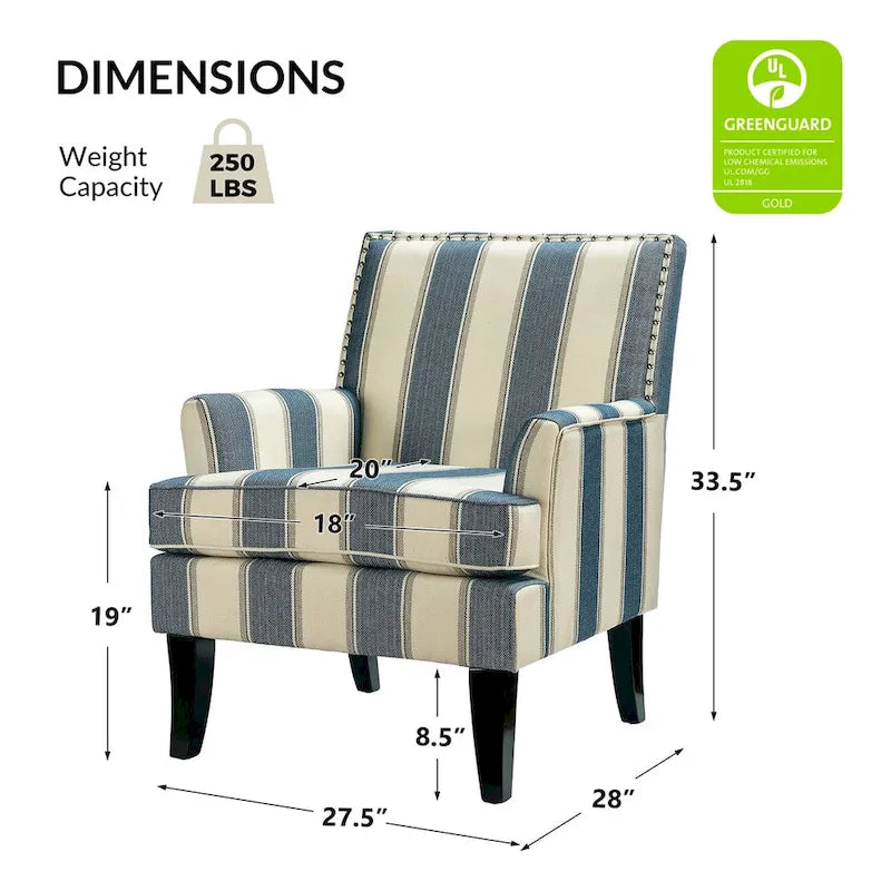 Fauteuil de style campagne française, orné de rivets et de pieds en bois massif.