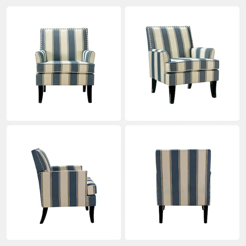 Fauteuil de style campagne française, orné de rivets et de pieds en bois massif.