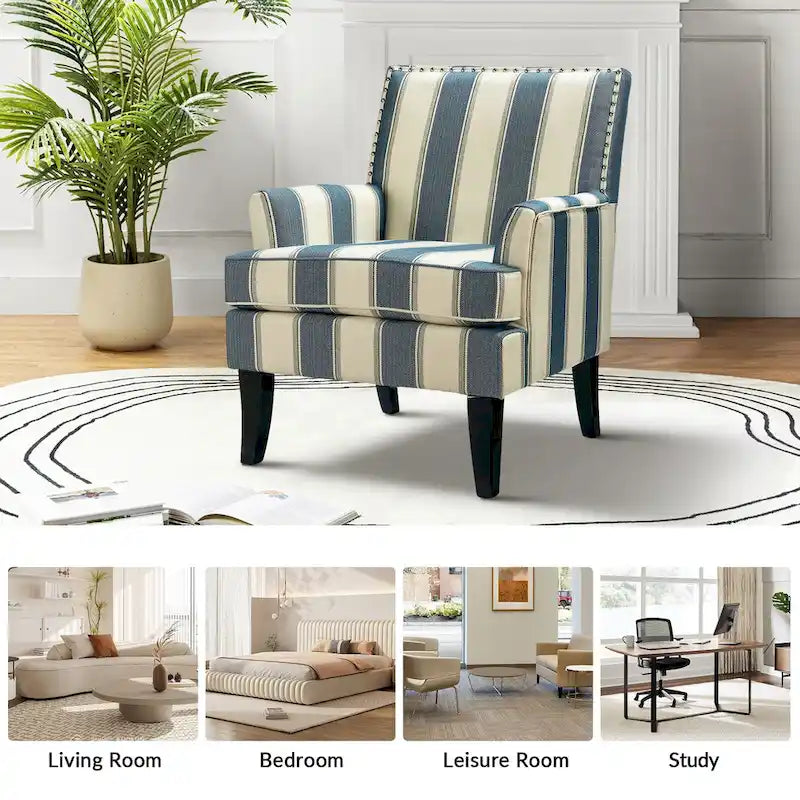 Fauteuil de style campagne française, orné de rivets et de pieds en bois massif.