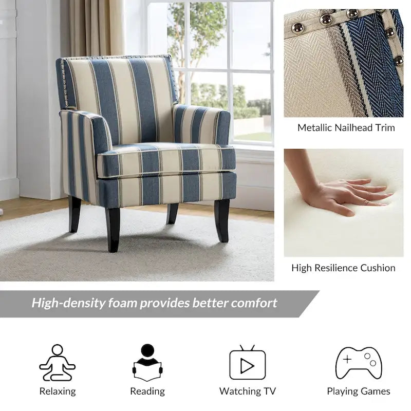 Fauteuil de style campagne française, orné de rivets et de pieds en bois massif.
