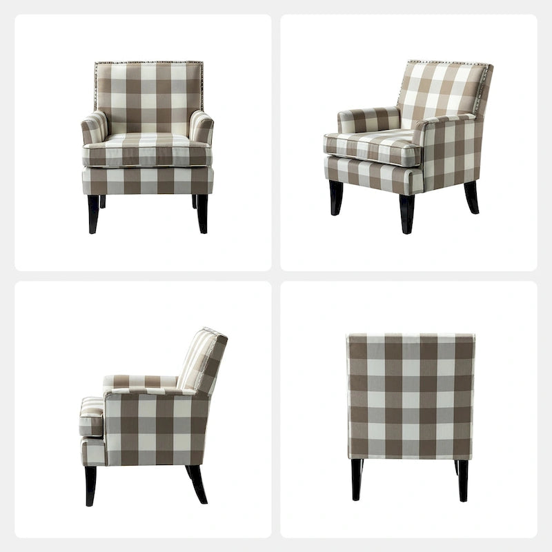 Fauteuil de style campagne française, orné de rivets et de pieds en bois massif.