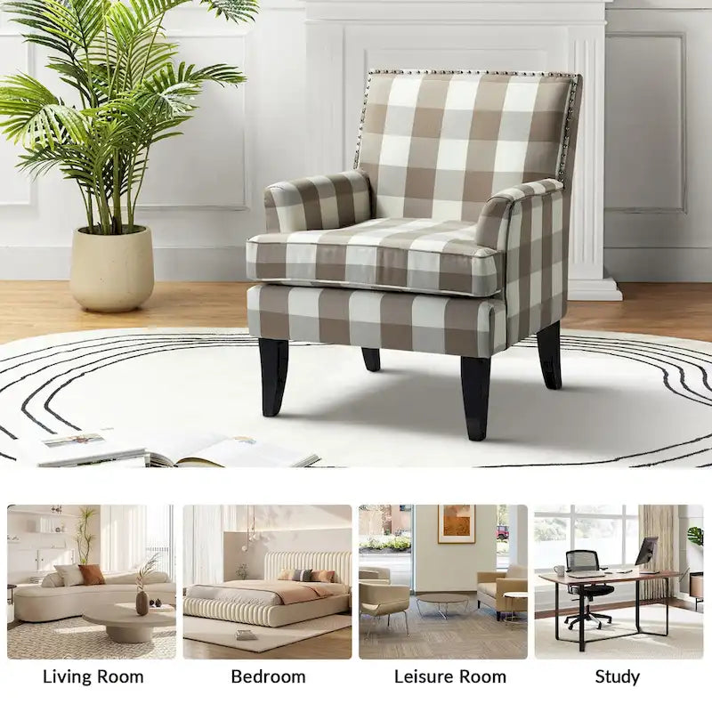 Fauteuil de style campagne française, orné de rivets et de pieds en bois massif.