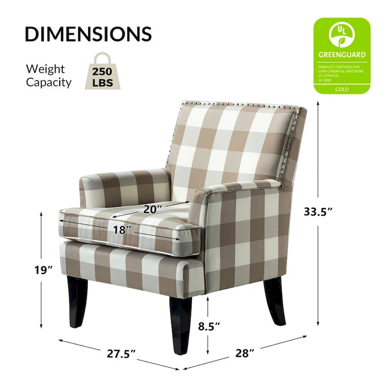 Fauteuil de style campagne française, orné de rivets et de pieds en bois massif.