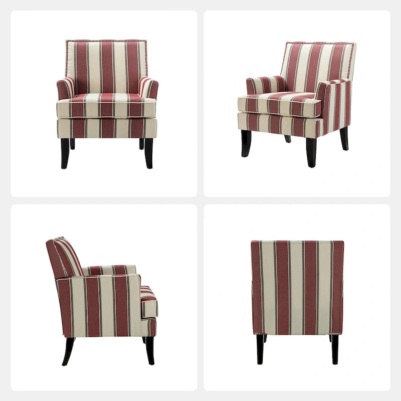 Fauteuil de style campagne française, orné de rivets et de pieds en bois massif.