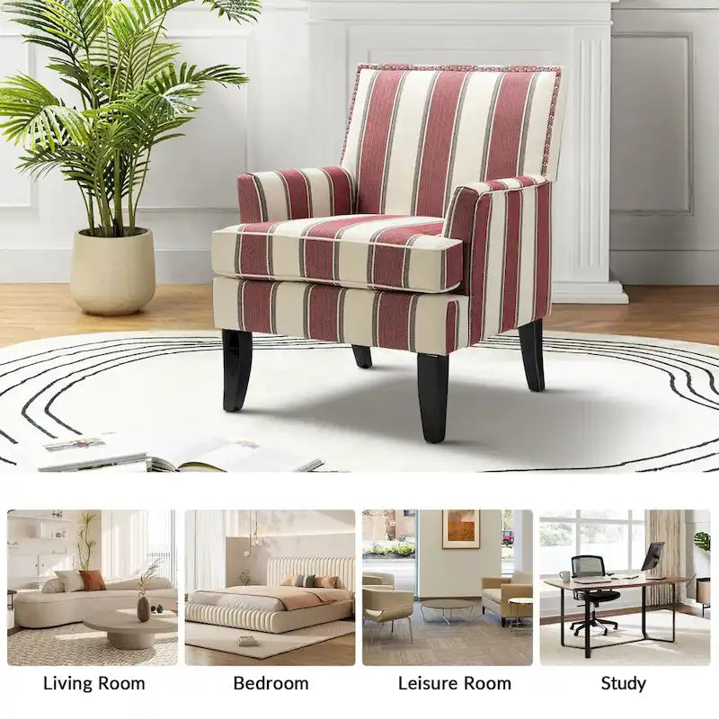 Fauteuil de style campagne française, orné de rivets et de pieds en bois massif.