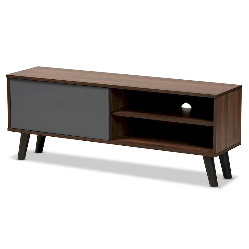 Meuble TV en bois au fini noyer bicolore marron et gris