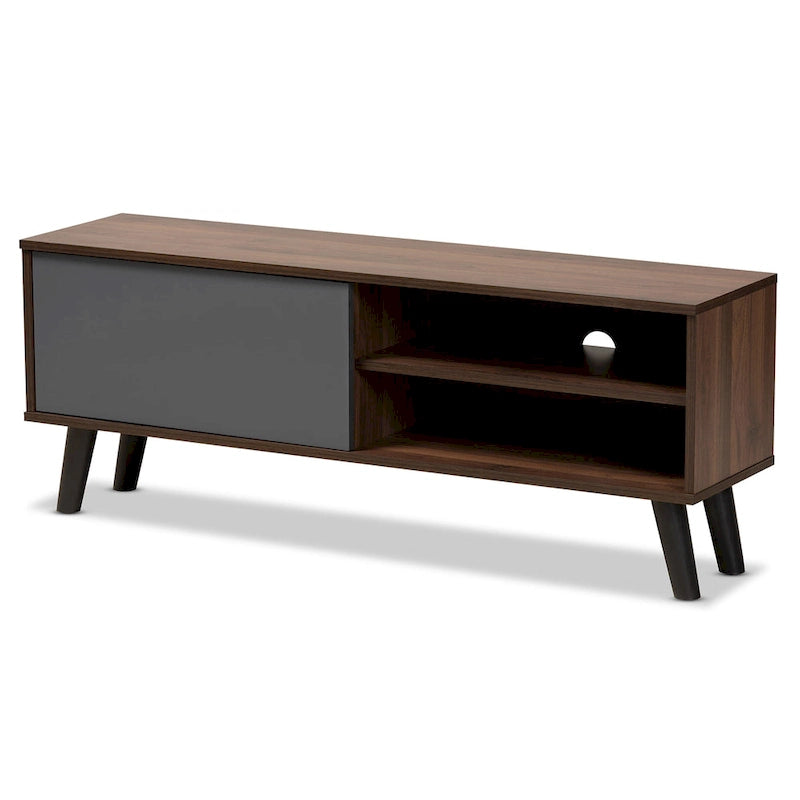 Meuble TV en bois au fini noyer bicolore marron et gris