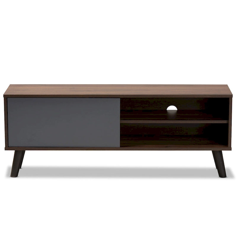 Meuble TV en bois au fini noyer bicolore marron et gris
