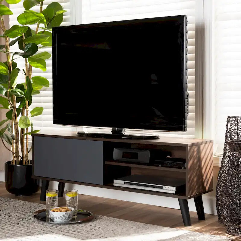 Meuble TV en bois au fini noyer bicolore marron et gris