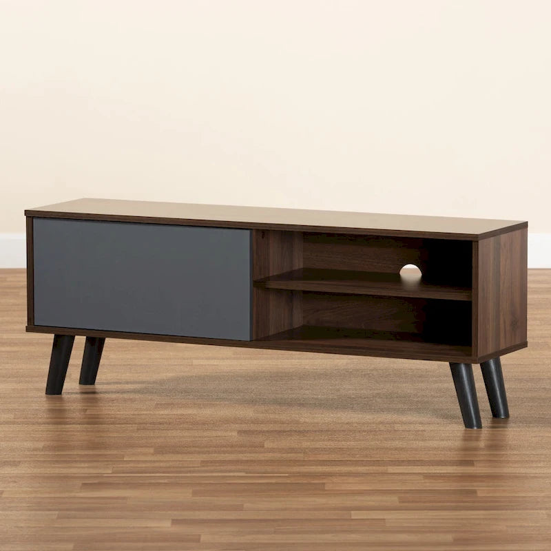 Meuble TV en bois au fini noyer bicolore marron et gris