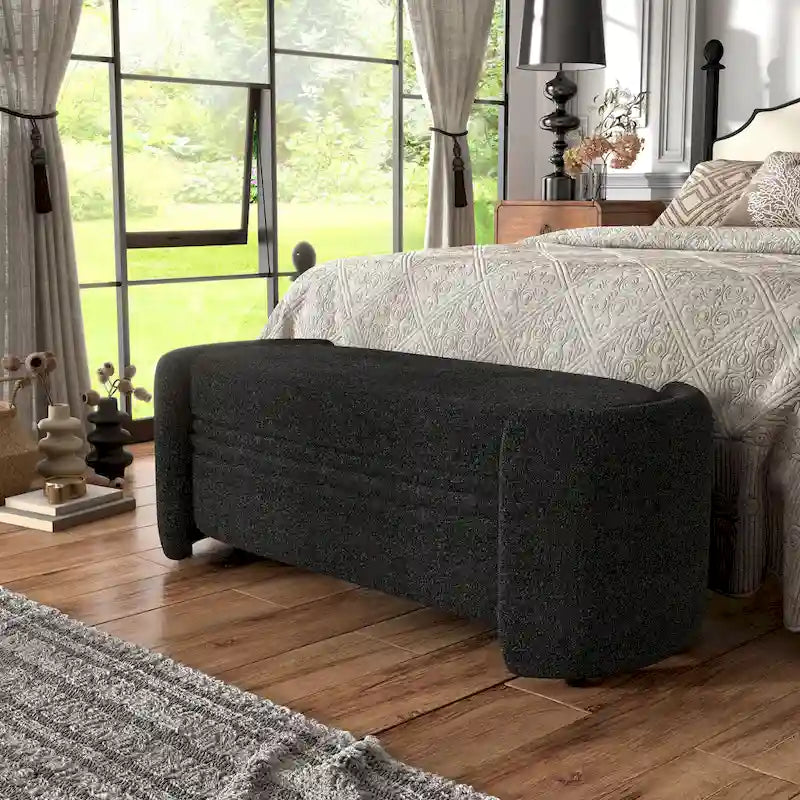 Banc de rangement moderne en peluche, adapté aux chambres et aux entrées.