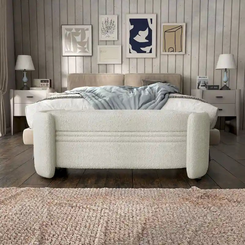 Banc de rangement moderne en peluche, adapté aux chambres et aux entrées.