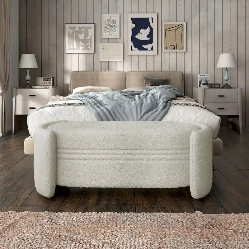 Banc de rangement moderne en peluche, adapté aux chambres et aux entrées.