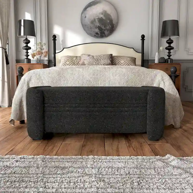Banc de rangement moderne en peluche, adapté aux chambres et aux entrées.