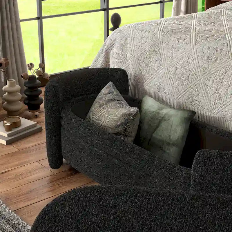 Banc de rangement moderne en peluche, adapté aux chambres et aux entrées.
