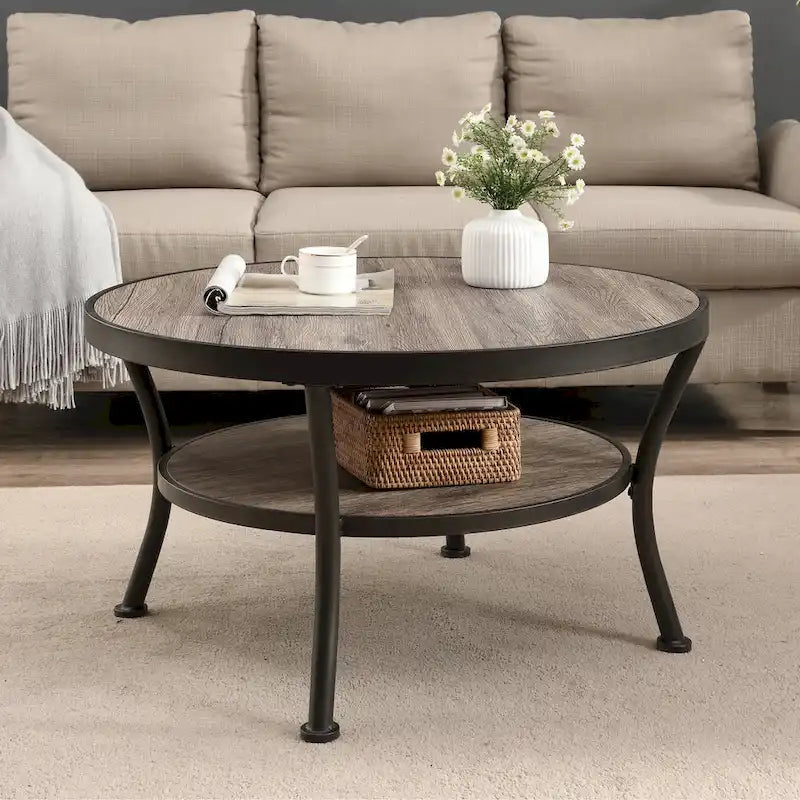 Table basse ronde industrielle en métal avec étagère pour salon, bureau et chambre à coucher