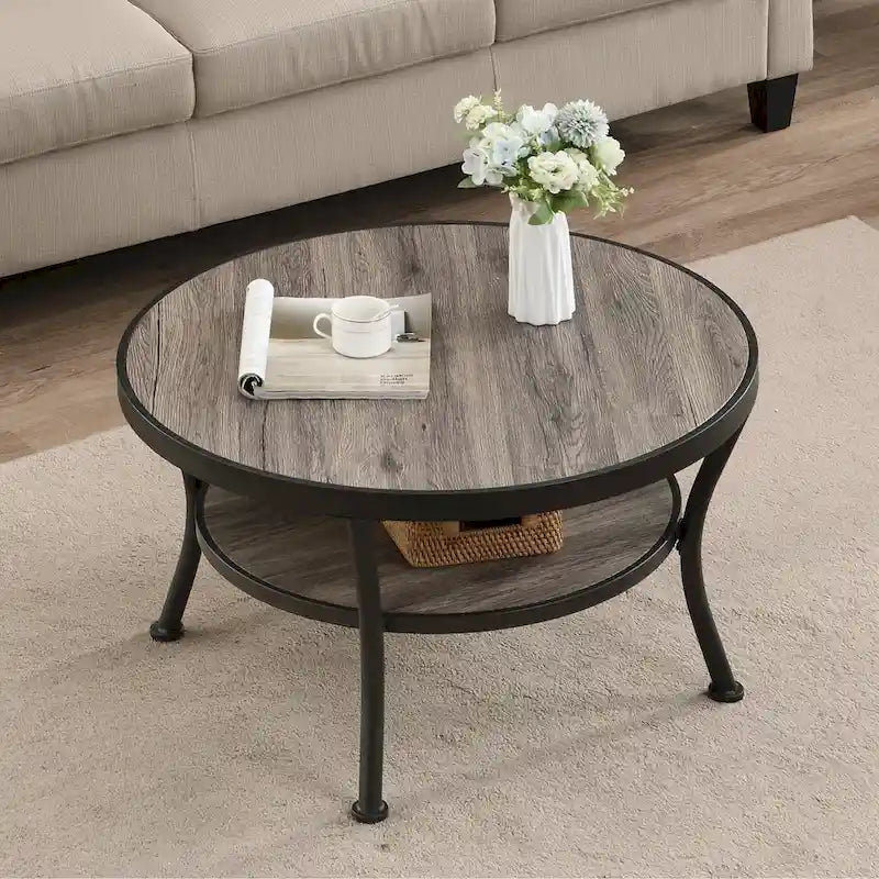 Table basse ronde industrielle en métal avec étagère pour salon, bureau et chambre à coucher