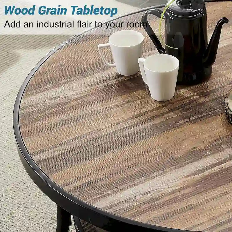 Table basse ronde industrielle en métal avec étagère pour salon, bureau et chambre à coucher