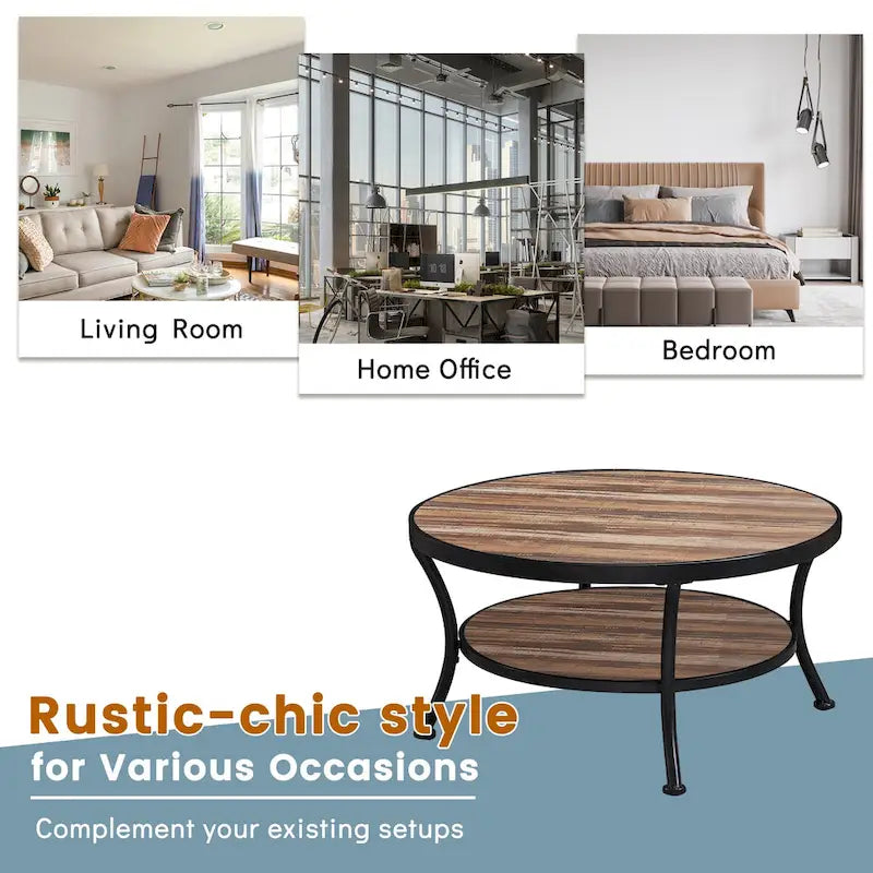 Table basse ronde industrielle en métal avec étagère pour salon, bureau et chambre à coucher