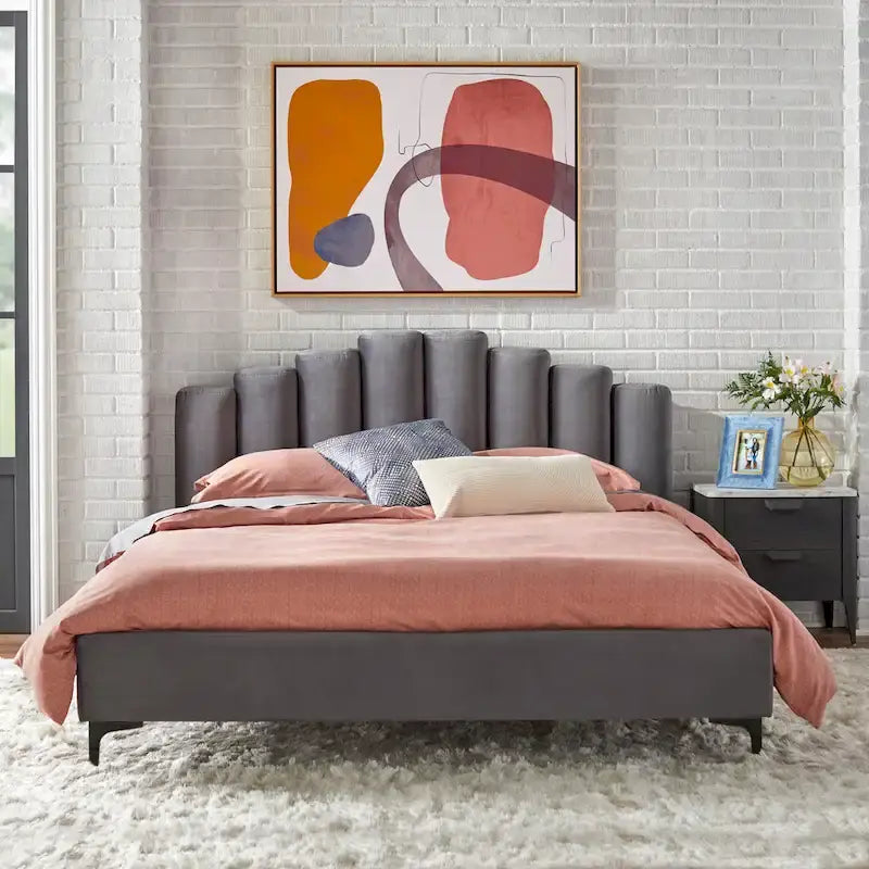 Lit plateforme moderne Queen rembourré en velours