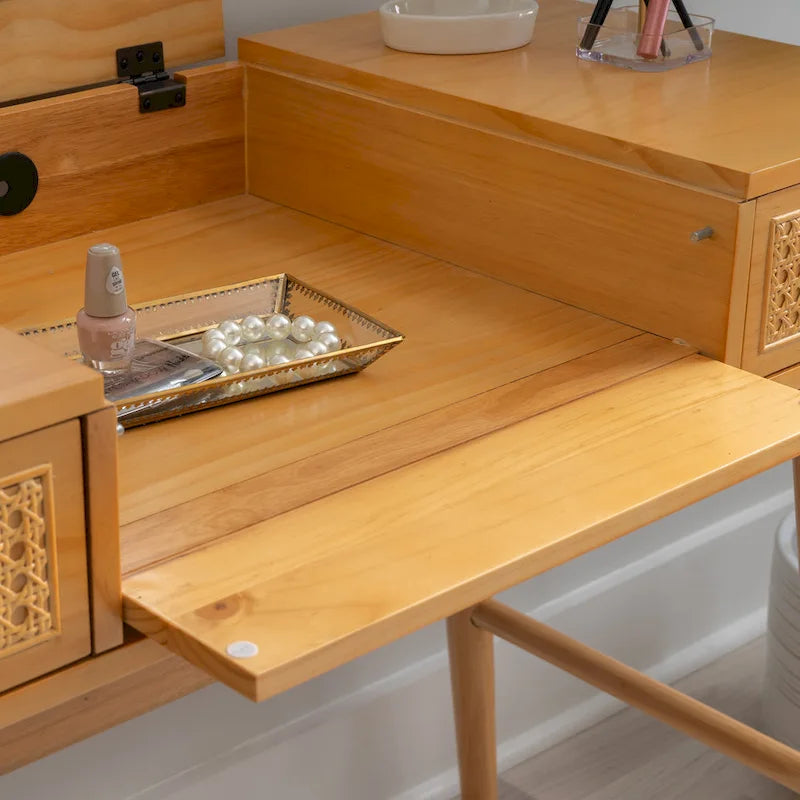 Meuble-lavabo en bois naturel à 2 tiroirs en rotin